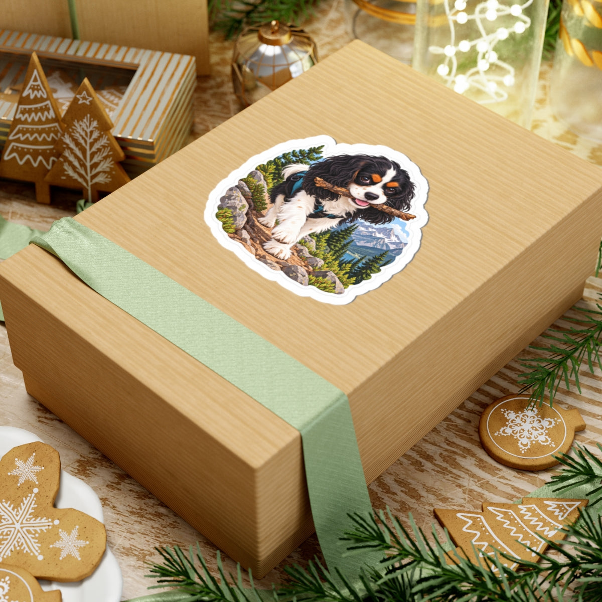 Product mockup of the Cavy Play Mode Trail Stick kiss-cut sticker: a tricolor Cavalier King Charles Spaniel carrying a stick along a mountain trail with pines and snowy peaks.
