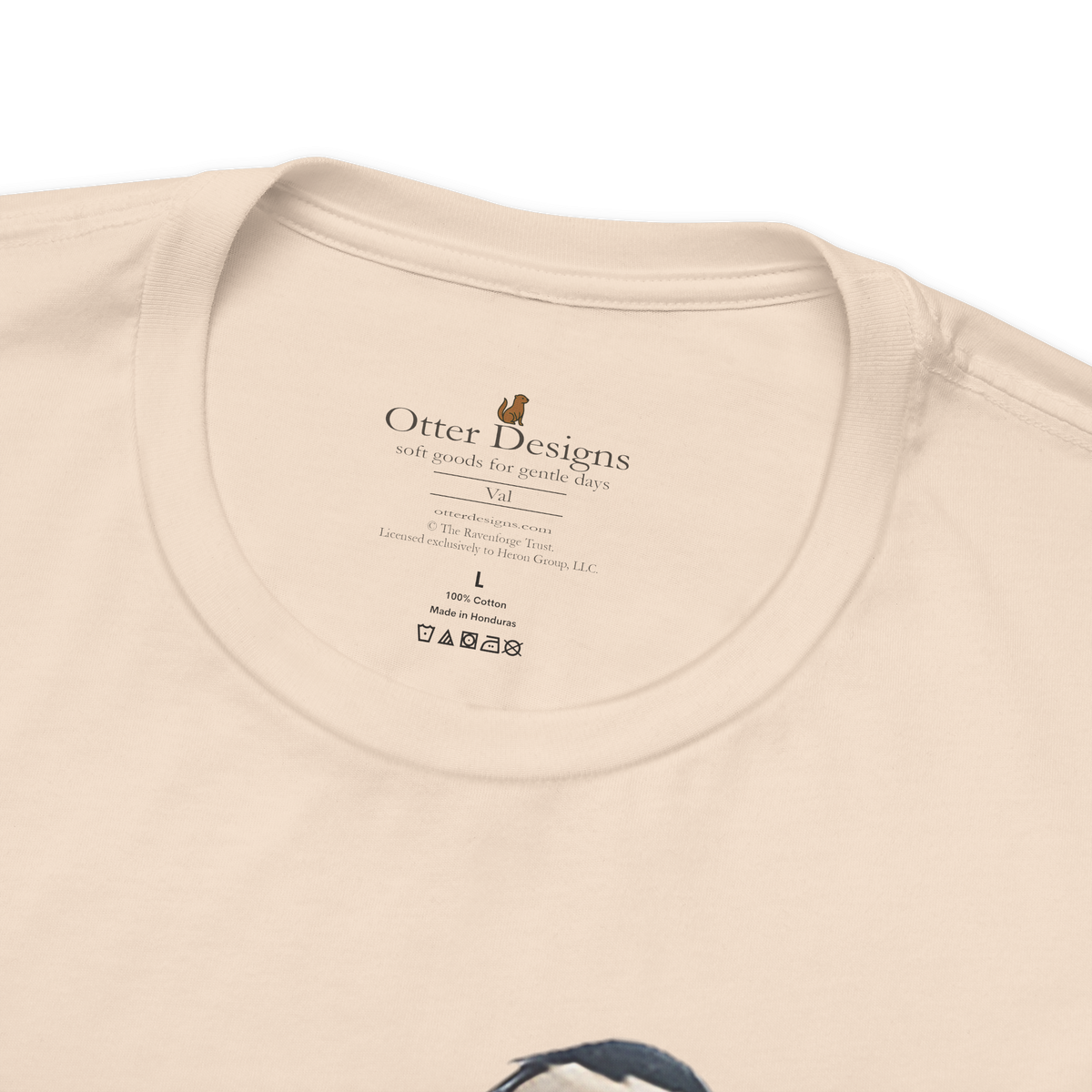 Inside neck label of the Val Tee, Otter Designs, soft goods for gentle days