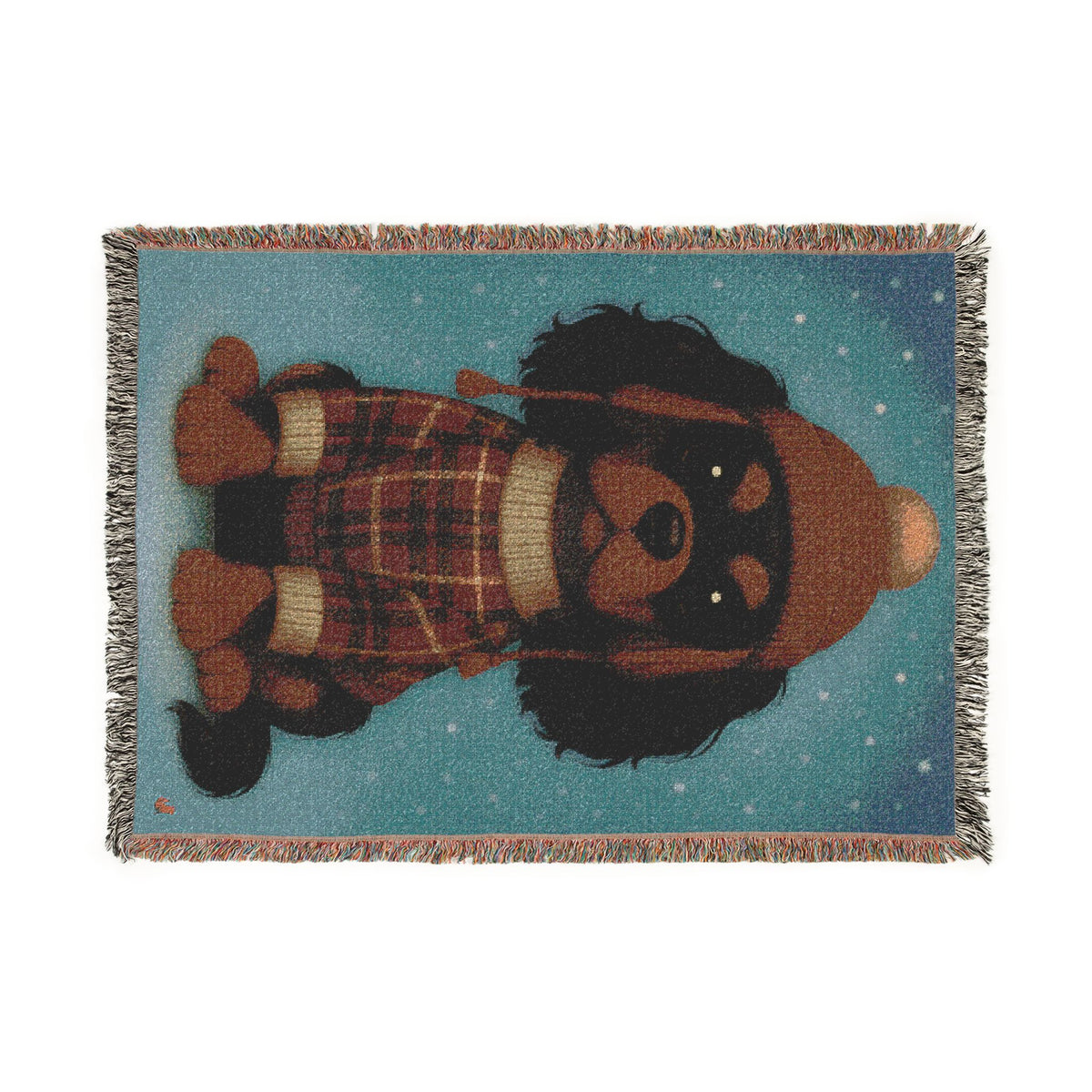 Black and Tan Cavalier woven cotton blanket laid flat, landscape view showing the full design and fringe