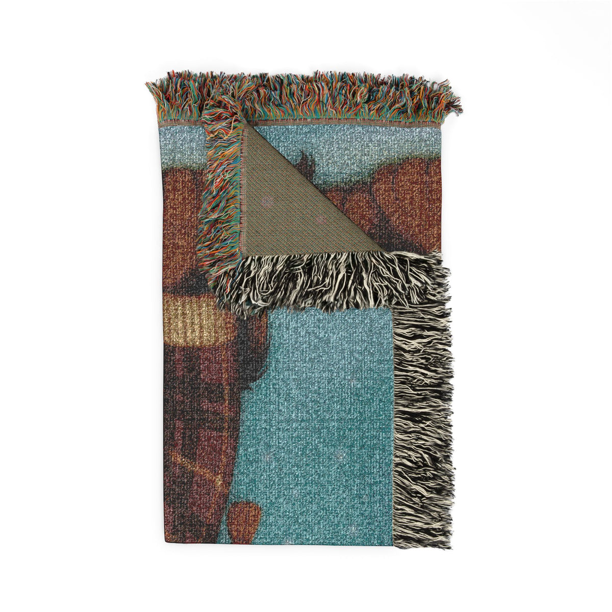 Close-up of the Black and Tan Cavalier woven blanket corner showing the fringed edge and the reverse side of the cotton weave