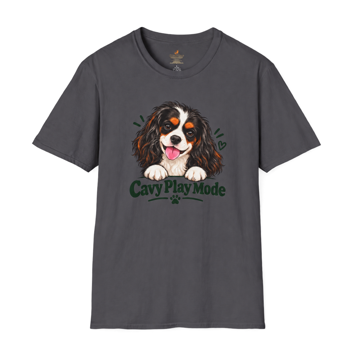 Cavy Play Mode tricolor Cavalier King Charles Spaniel T-shirt in charcoal
